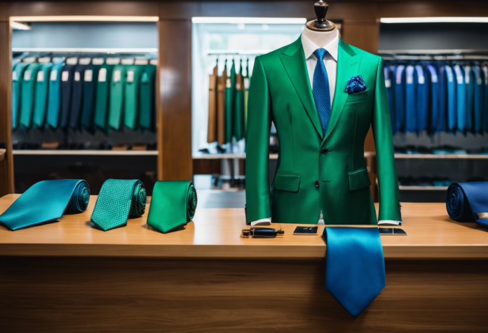 zielony garnitur i niebieski krawat