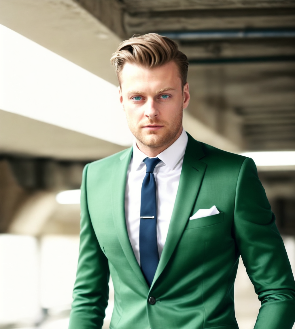 zielony garnitur niebieski krawat odważna stylizacja